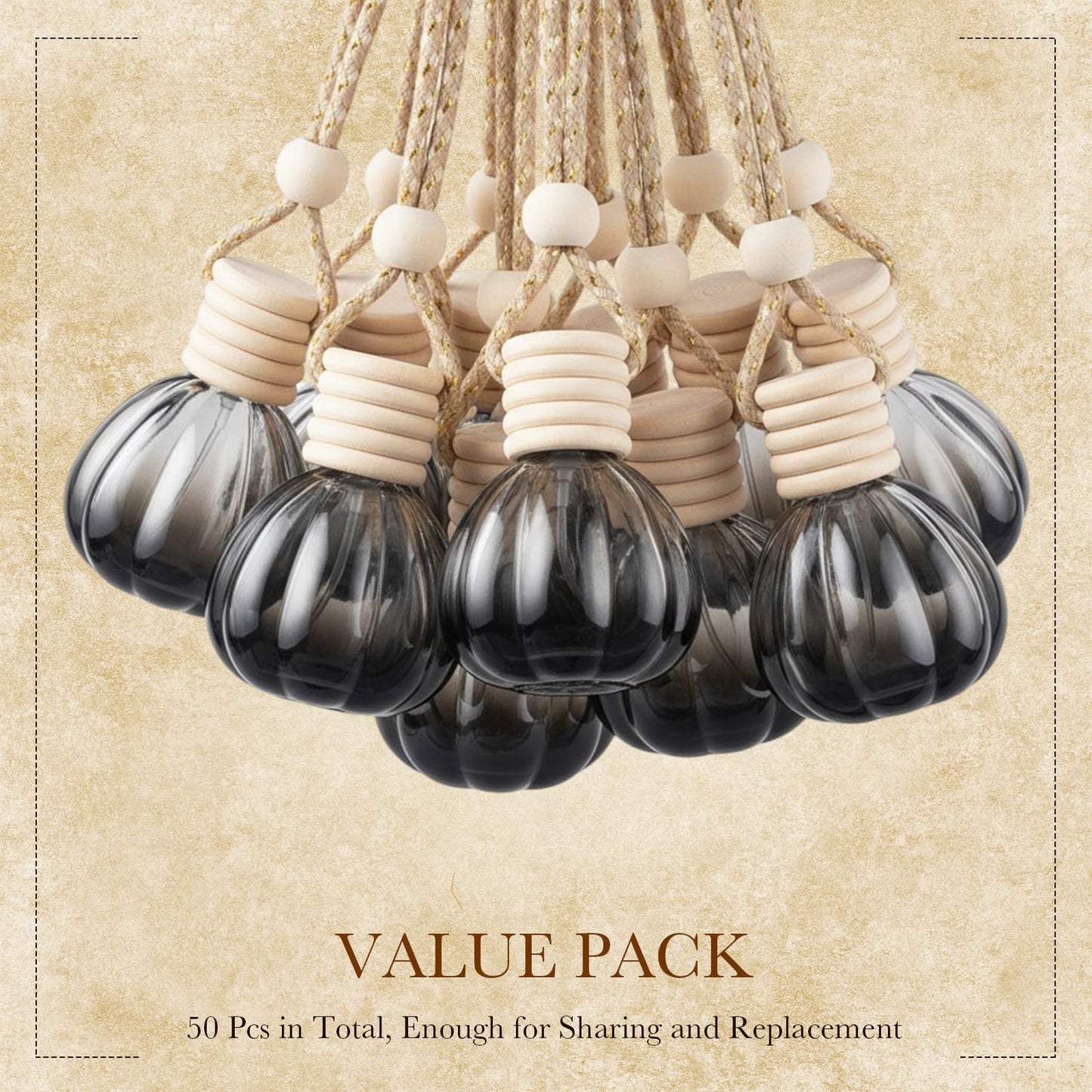 BBTO 50 Pcs Hanging Car Air Freshener Black Car Diffuser Bottles Empty Glass Perfume Bottle Freshener Diffuser Bottle Pendant for Essential Oil Fragrance Aromatherapy Bottles Ornament(Pumpkin)