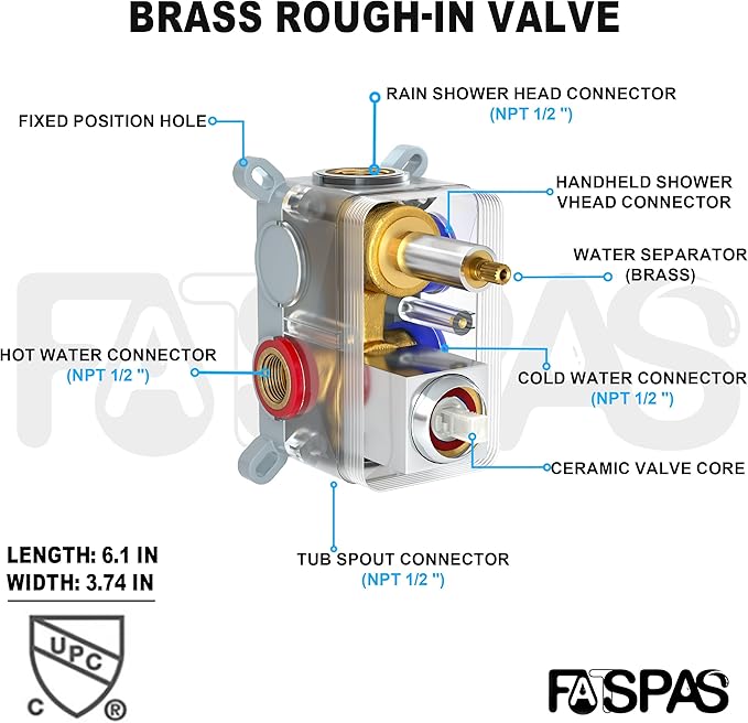 Polished Chrome Shower System with 12-Inch Rain Showerhead and Tub Spout | cUPC-certified pressure balance brass valve to prevent scalding, CEC-certified air injection technology for low pressure