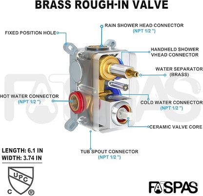 Polished Chrome Shower System with 12-Inch Rain Showerhead and Tub Spout | cUPC-certified pressure balance brass valve to prevent scalding, CEC-certified air injection technology for low pressure