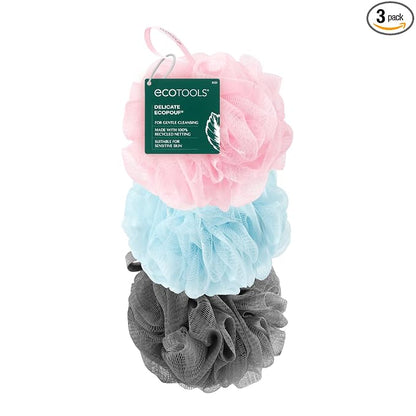 EcoTools EcoPouf 3 Pack Bath Sponge Set, Soft Recycled Netting Shower Poufs for Gentle Exfoliating & Daily Body Cleansing, Rich Lather Loofah Sponges, Vegan & Cruelty-Free