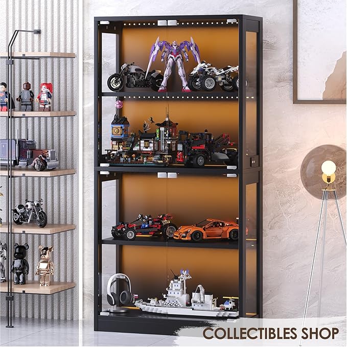 Airynee Display Cabinet with Glass Doors, 4-Tier Curio Cabinet with 7 Vibrant 3