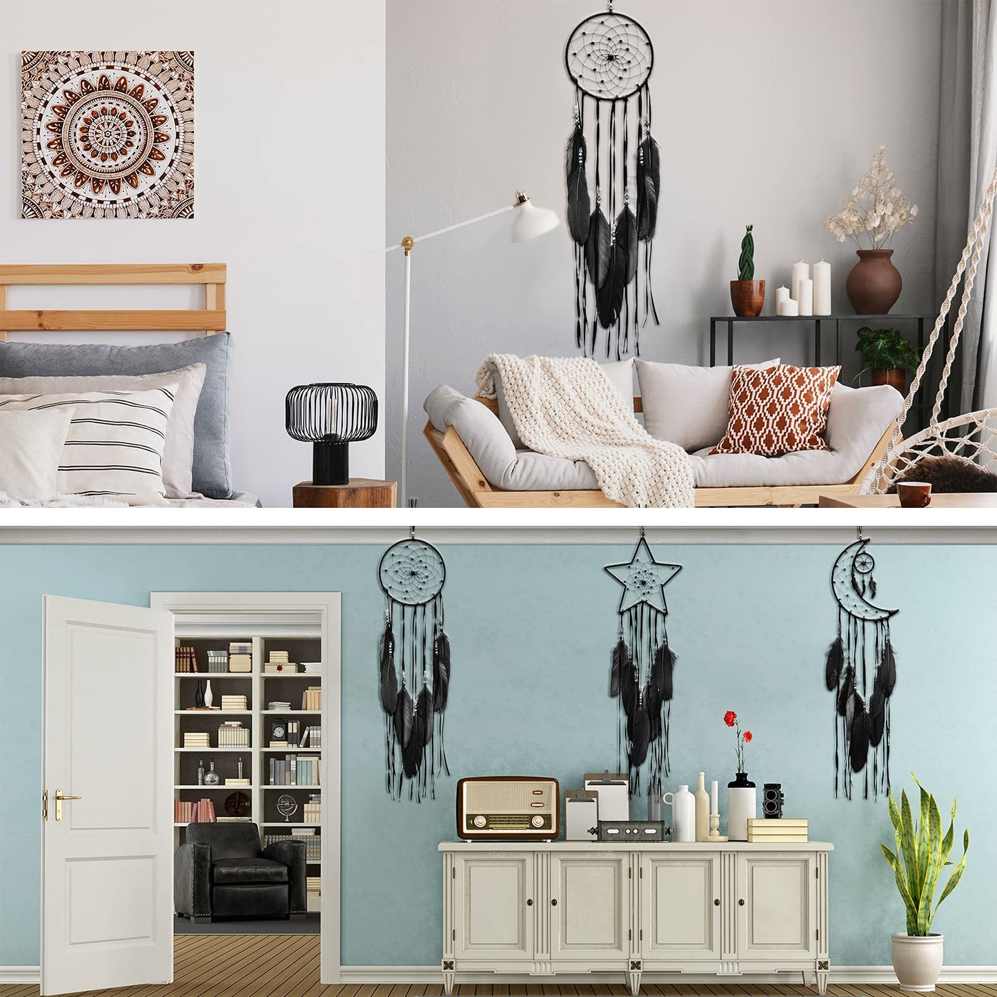 Jetec 3 Pcs Dream Catcher Moon Sun Star Design Handmade Traditional Craft Ornament Wall Art Hanging Home Decoration for Bedroom Room Decor Wedding Halloween Christmas Decorations Gift(Black)