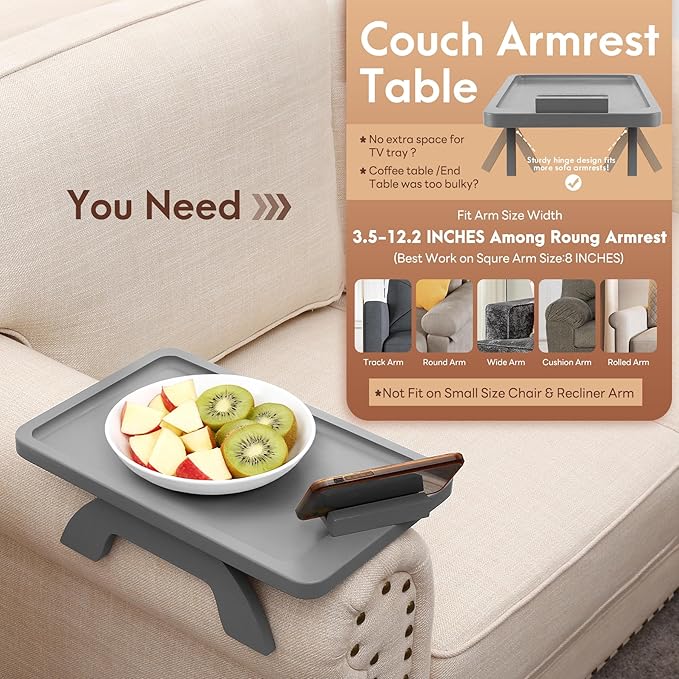 SINWANT Couch Armrest Table, Bamboo Couch Arm Table 360° Phone Holder, Foldable