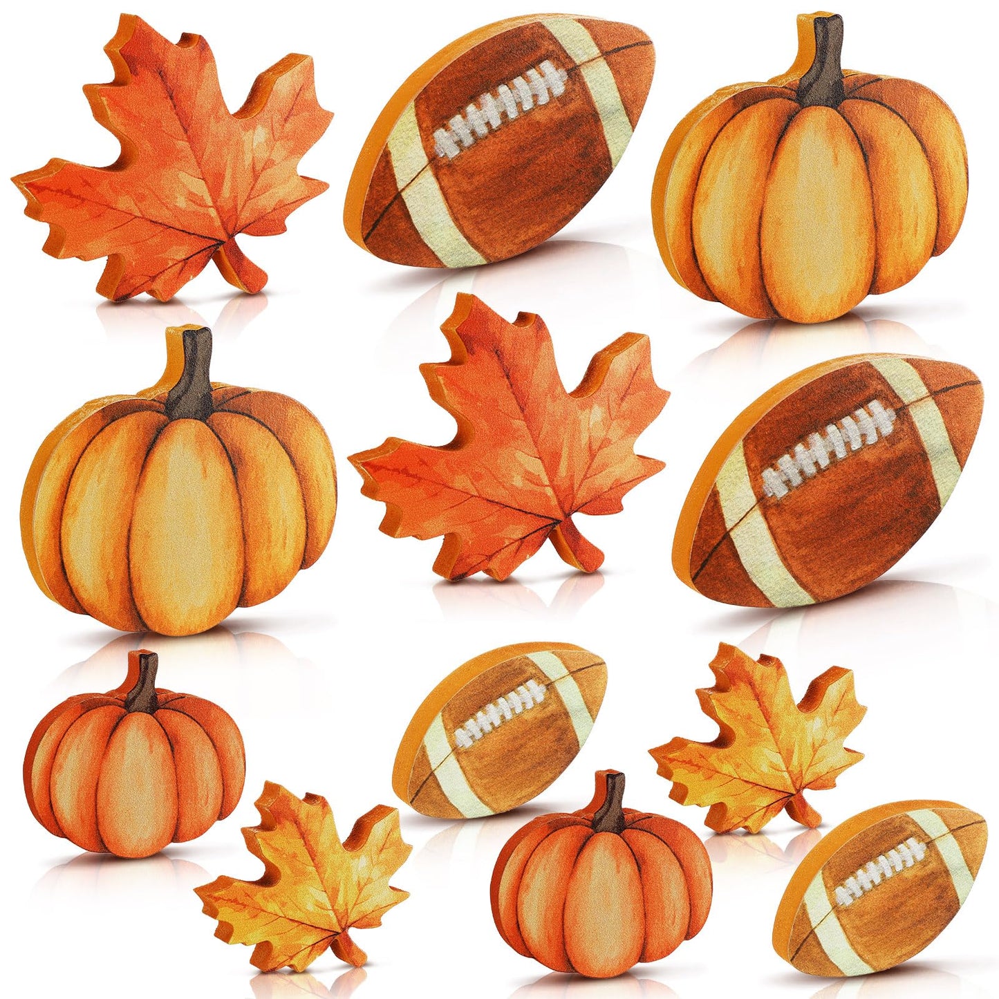 Bencailor 12 Pcs Fall Table Decor Wooden Pumpkins Maple Leaf Fall Football Tiered Tray Decor Thanksgiving Centerpiece Autumn Football Decorations for Home Kitchen Desk Office Party