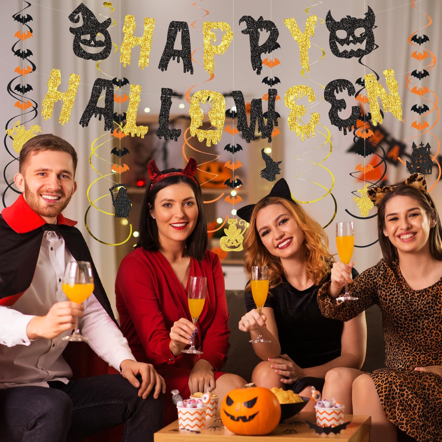 SHERONV Halloween Party Decorations, Black Gold Glitter Happy Halloween Banner, Pumpkin Ghost Bats Decorations, Hanging Swirls for Home Office Indoor Outdoor Party Event Decors