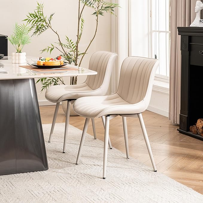 YOUNUOKE Mid-Century Modern Dining Chairs Set of 2, Cream PU Leather