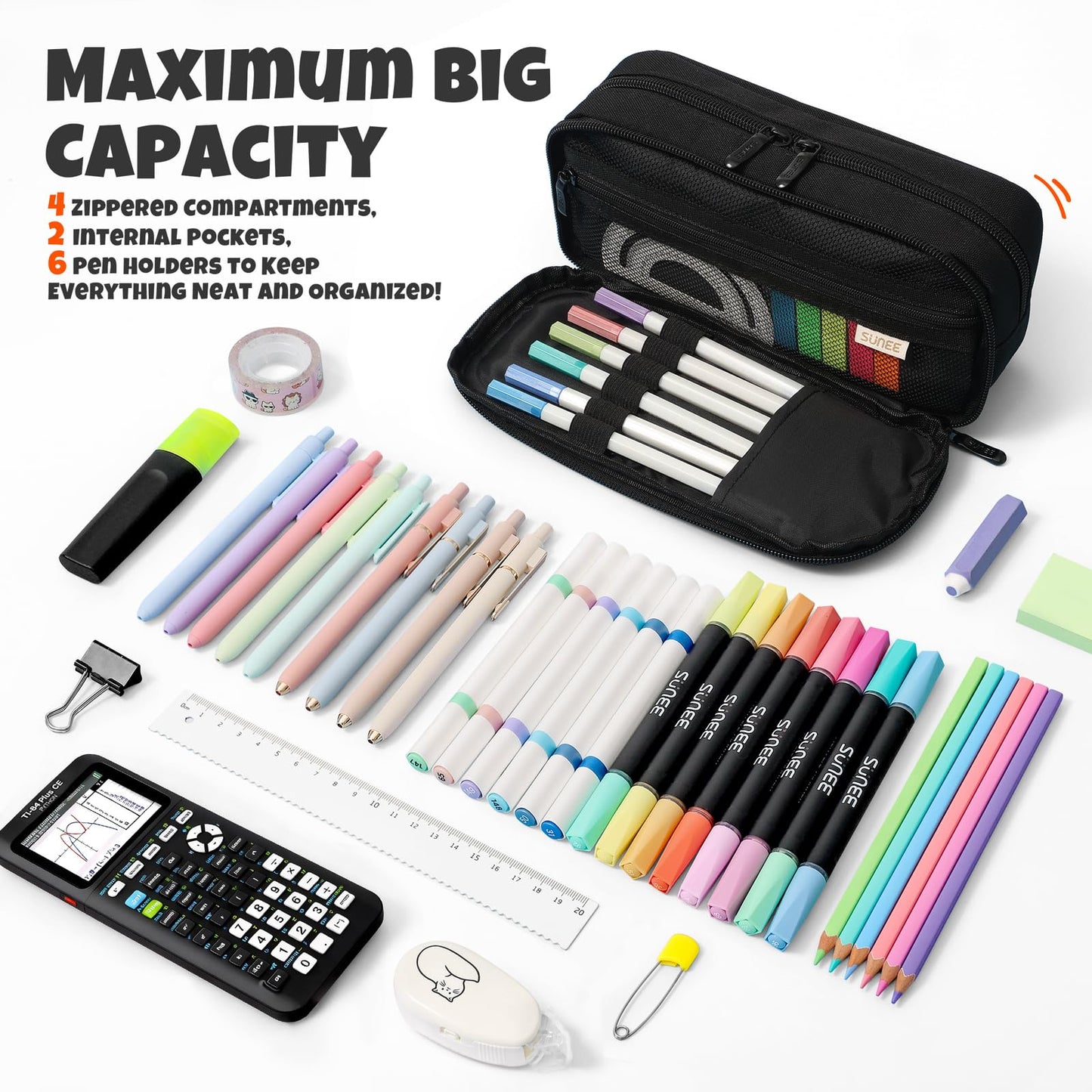 SUNEE Pencil Case, Large Capacity Pencil Pouch, Extra Big Pencil Bag with 6 Compartments, 900D Oxford Pencil Box for Office Stationery Organizer, School Supplies for Teen Boys Girls Women Men, Black