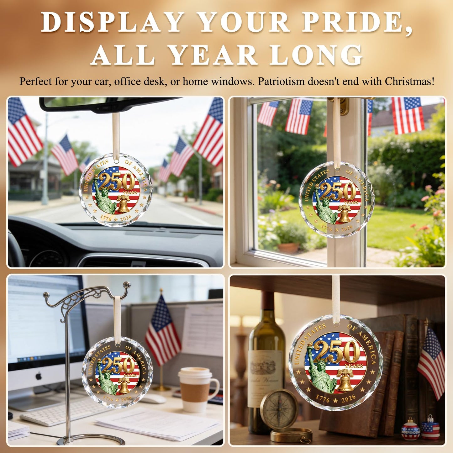 250 Anniversary USA Ornament for 4th of July Decorations - Crystal Glass Patriotic Christmas Ornaments - 1776-2026 Statue of Liberty Bell & US Flag Keepsake - Independence Day Souvenir Gifts