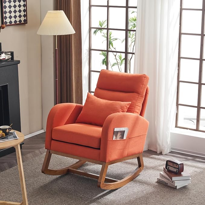 VINGLI Orange Linen Rocking Chair Nursery