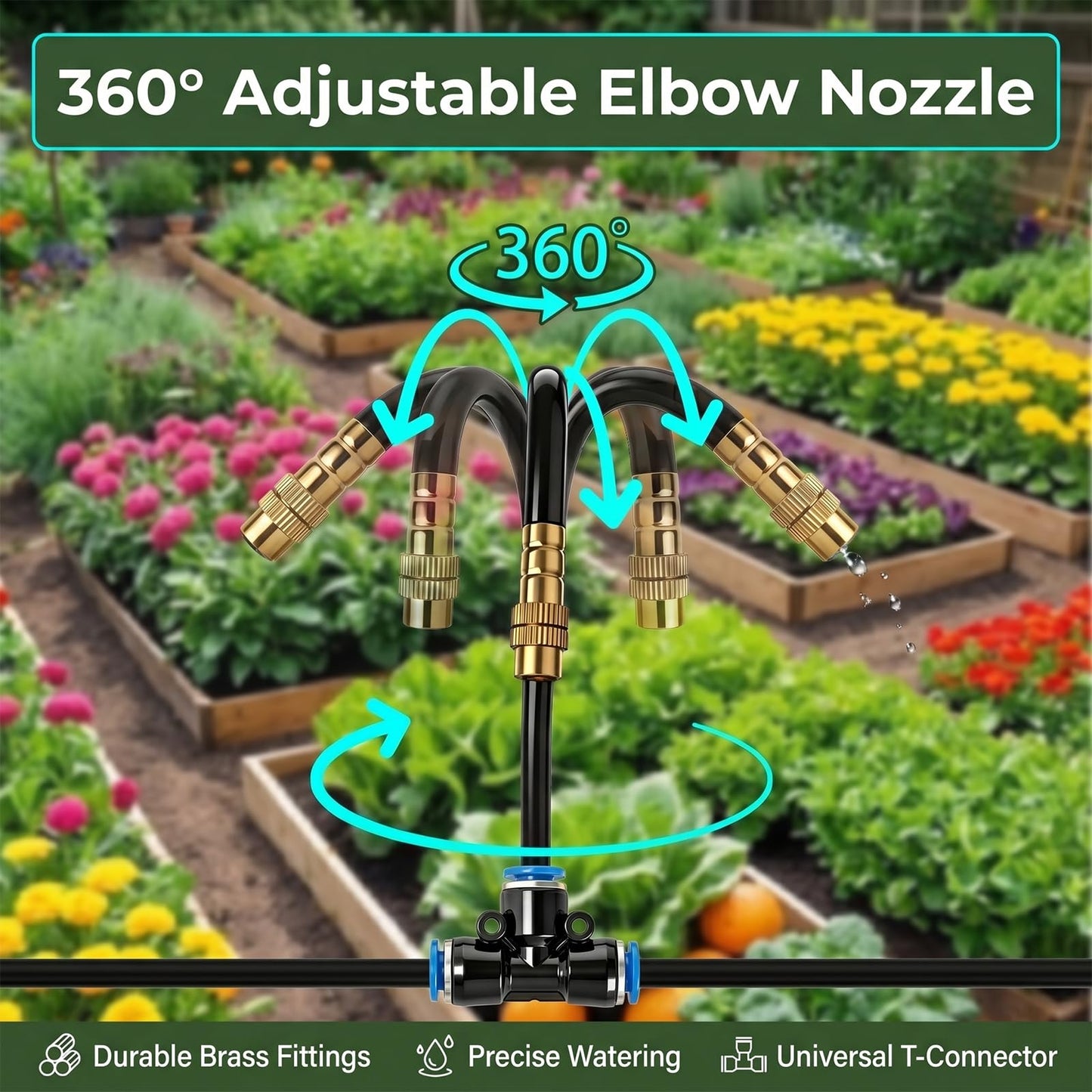 2026-Upgrade 100Ft 1/4" Drip Irrigation System,Garden Watering Kit with 20Pcs 360° Adjustable Copper Nozzles,Automatic Atomizing Sprinkler,DIY for Outdoor,Lawn,Greenhouse,Raised Beds (50FT/14pcs)