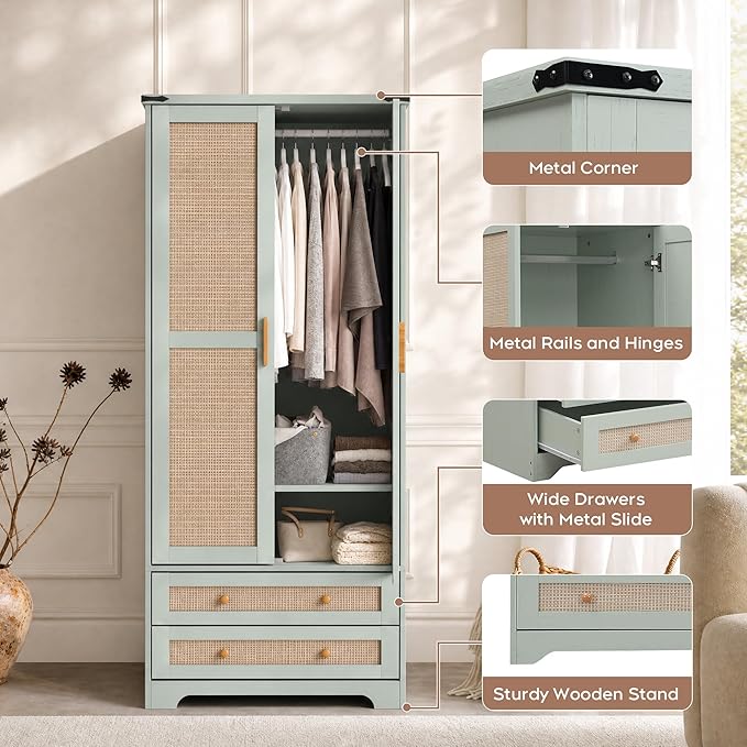 Brafab Armoire Wardrobe Closet with 2 Rattan Doors, 71" Vintage Blue Tall Freestanding Coat Closets with Drawers and Hanging Rail, Wooden Armoires Storage Cabinet with Shelf for Bedroom