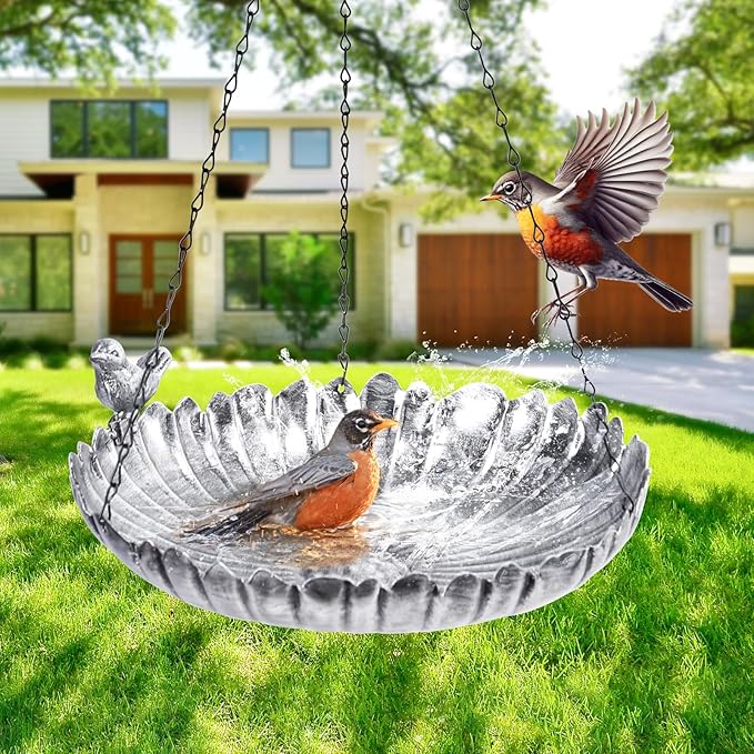 VCUTEKA Hanging Bird Baths for Outdoors, Metal Bird Bath for Outside Birdfeeder for Garden, Patio, Back Yard Decoration, Silver