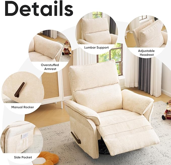Rocking Chair Nursery with Adjustable Headrest, Manual Swivel Rocker Recliner