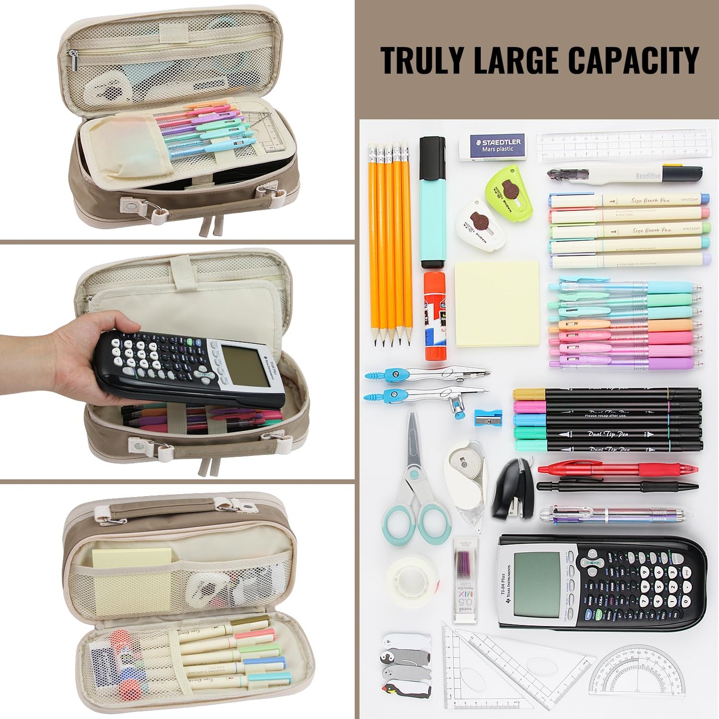 JOINPRO Large Capacity Pencil Case, 4 Compartment Pen Pouch Organizer with Double Zipper, Storage Bag for School, Office, Teen Girl Boy Men Women (Brown)