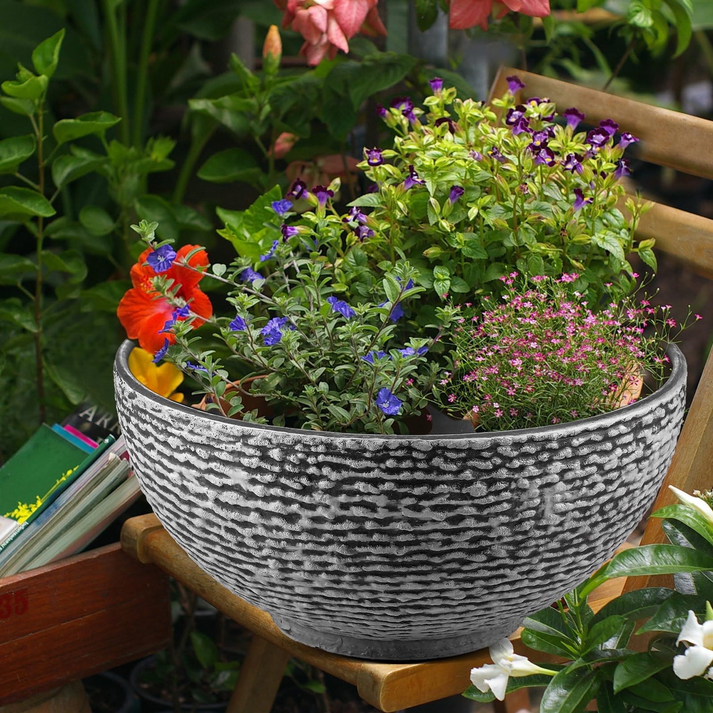 RimCereal 2 Pack Large Water Lily Planter Bowl, 16 Inch Lotus Flower Bowl Fit Hydroponic Succulent Planter Water Plant Container for Indoor Outdoor Garden Balcony Patio Fish Pond Bird Bath (Gray)