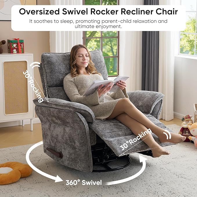 Rocking Chair Nursery with Adjustable Headrest, Manual Swivel Rocker Recliner