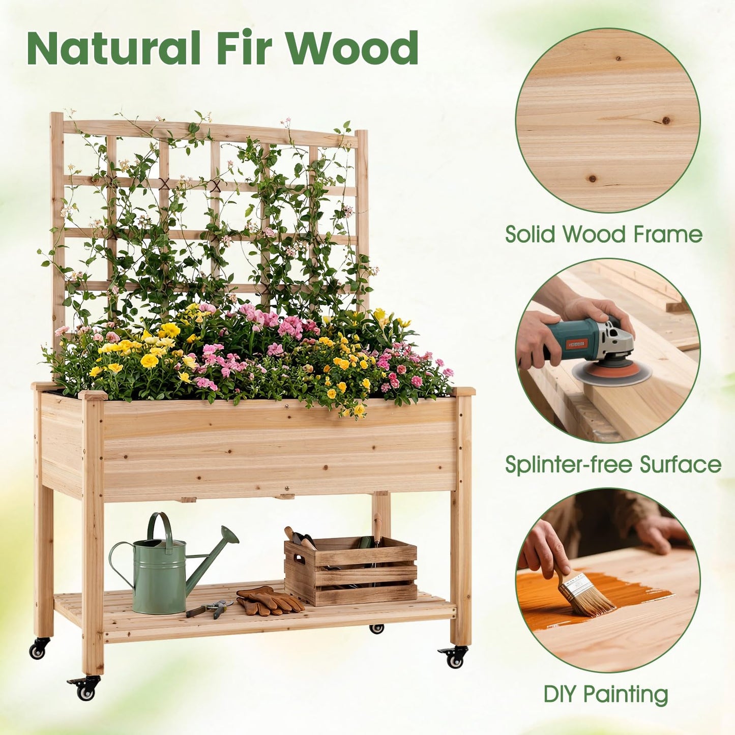 Giantex 65'' Wooden Raised Garden Bed w/Trellis on Wheels, Mobile Elevated Planter Box w/Legs, Liner & Drainage Holes for Climbing Plant Vegetable Herb Flower, Outdoor Garden Box, Backyard Balcony