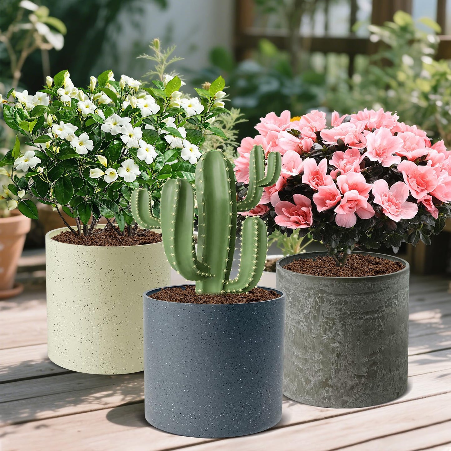 fuxuiwy Modern Decorative Planter Plant Pot with Drainage System Industrial Style 12 Inch Lightweight Speckled Plastic Planter Cylindrical Plant Pot with Drainage Hole for Indoor and Outdoor Use