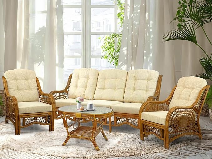 Malibu Lounge Set of 4: 2 Natural Rattan Wicker Chairs, Three-Seater Sofa