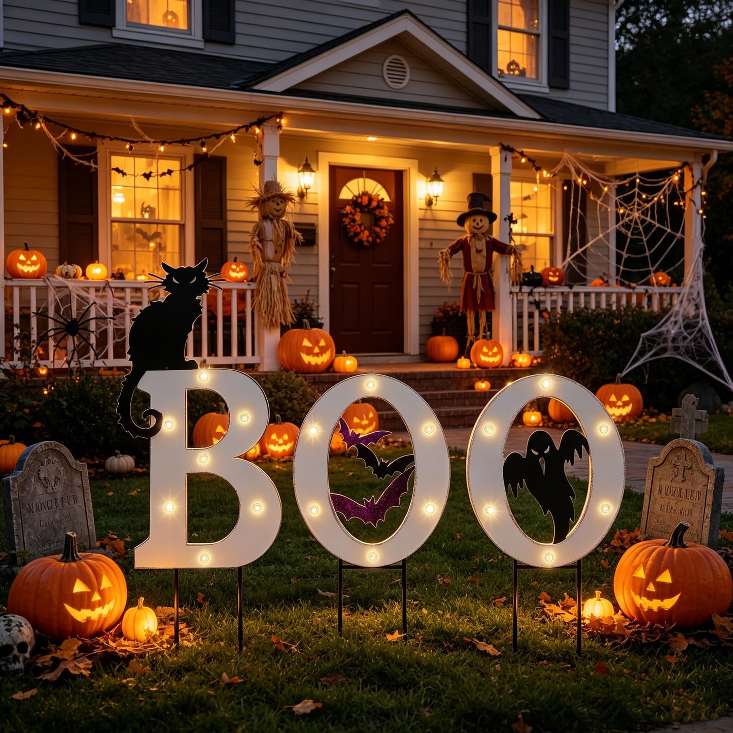 Prsildan 3 Pack Halloween Decorations Outdoor -Solar Powered Lighted Boo Yard Sign with Bats, Cat & Ghost, Waterproof Metal Lawn Stakes for Front Yard, Porch, Garden - Spooky Halloween Party Decor