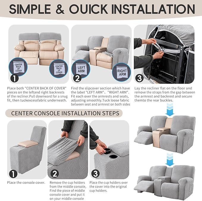 Recliner Loveseat Covers with Console, Stretch Geometric Strokes Jacquard