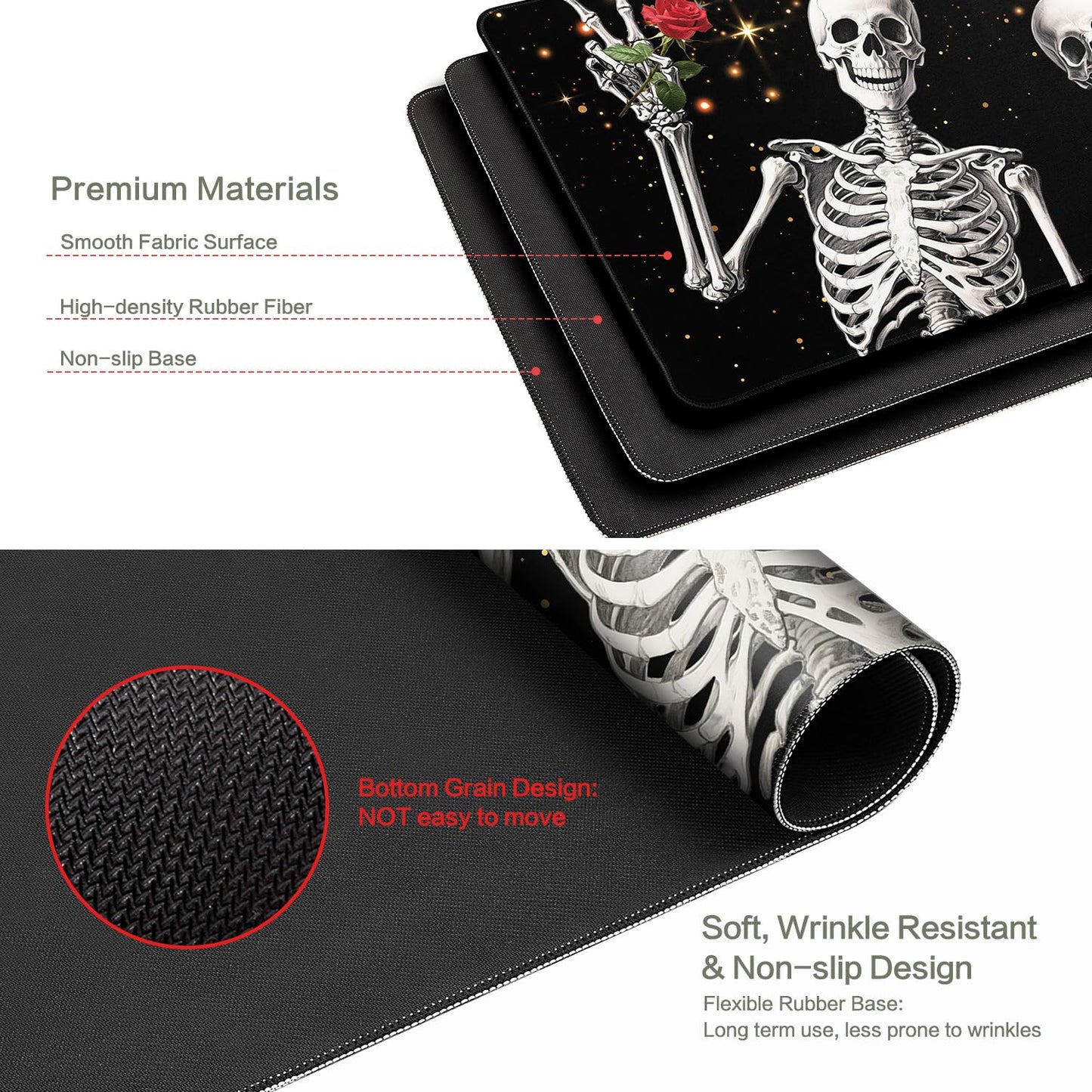 Love, Roses and Skulls Mouse Pad Desk Mat, Waterproof Black XXL Extended Large Gaming Mouse Pad Halloween Skull Rose Desk Pad Mousepad XXL Extended Keyboard Mat Mouse Mat, 31.5 x 15.7 in