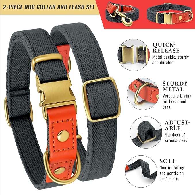 Dog Collar and Leash Set with Metal Quick Release Buckle, Adjustable, Breathable Nylon, Durable, Soft and Comfortable, No Pull for Walking and Training, Blue-Black, L (14.9"-22.8")