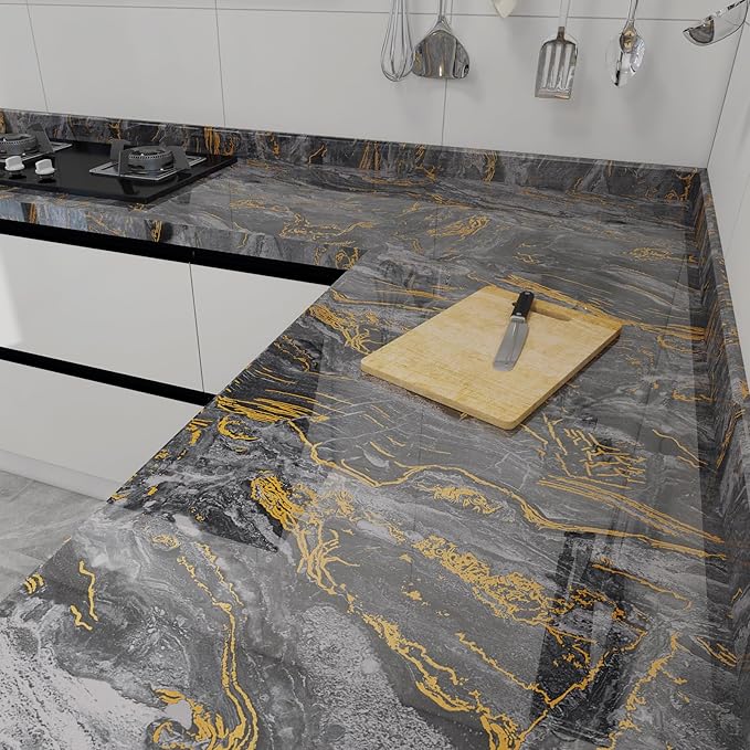 Grey Gold Marble Contact Paper for Countertops A Set of 15.7" X 472"Glossy Peel