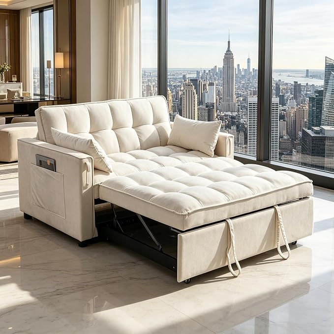 3-in-1 Convertible Sleeper Sofa Bed, Premium Velvet Pull Out Loveseat