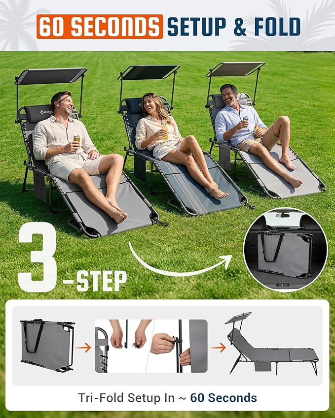 KingCamp Lounge Chair with face Hole & Canopy Shade, 400LBS Folding Portable