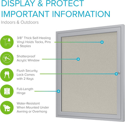 Ghent 36"x30" 1-Door Outdoor Enclosed Vinyl Bulletin Board, Shatter Resistant, with Lock, Satin Aluminum Frame - Ivory (PA13630VX-185), Made in the USA
