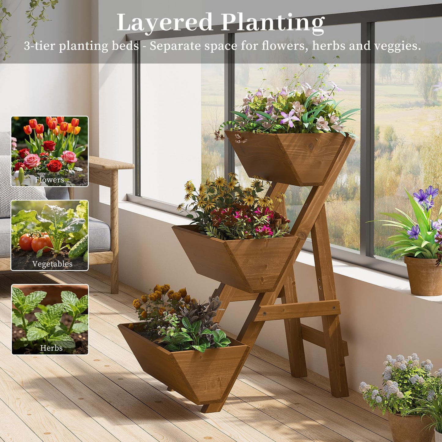 Kitsanery 3-Tiers Wooden Raised Garden Bed,Wood Planter Box for Vegetable,Flower Rack,Flower Pot Stands,Indoor Outdoor Gardening Planting Beds (Brown, Small)