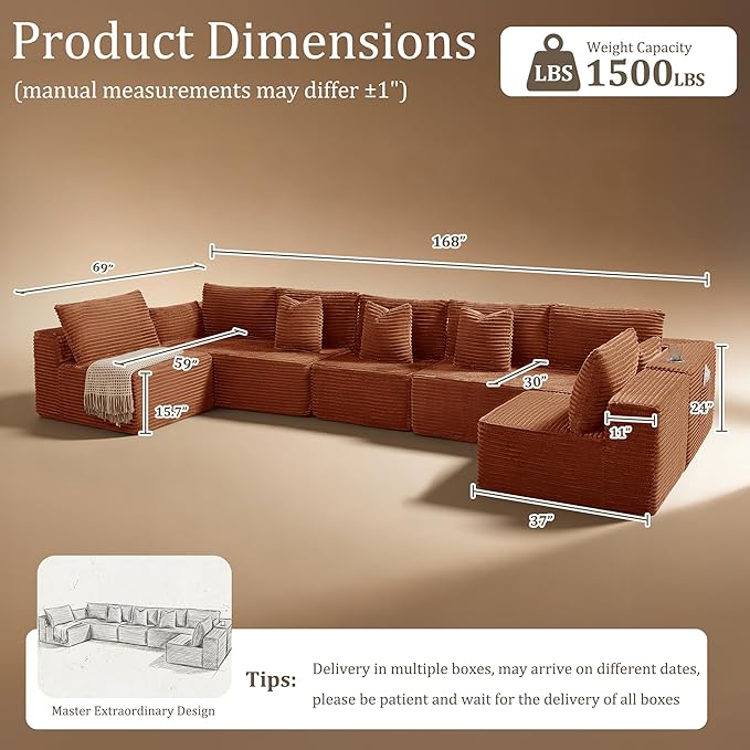 168" Cloud Sectional Couch, Comfort U Shaped Sofa