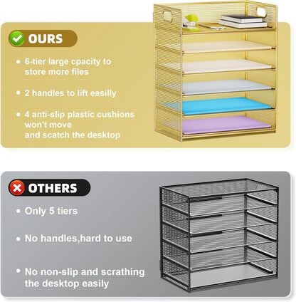 Marbrasse Paper Letter Tray Organizer - 6 Tier Mesh File Organizer with Handle, Paper Sorter Organizer for Letter/A4 Office File Folder Holder - Gold