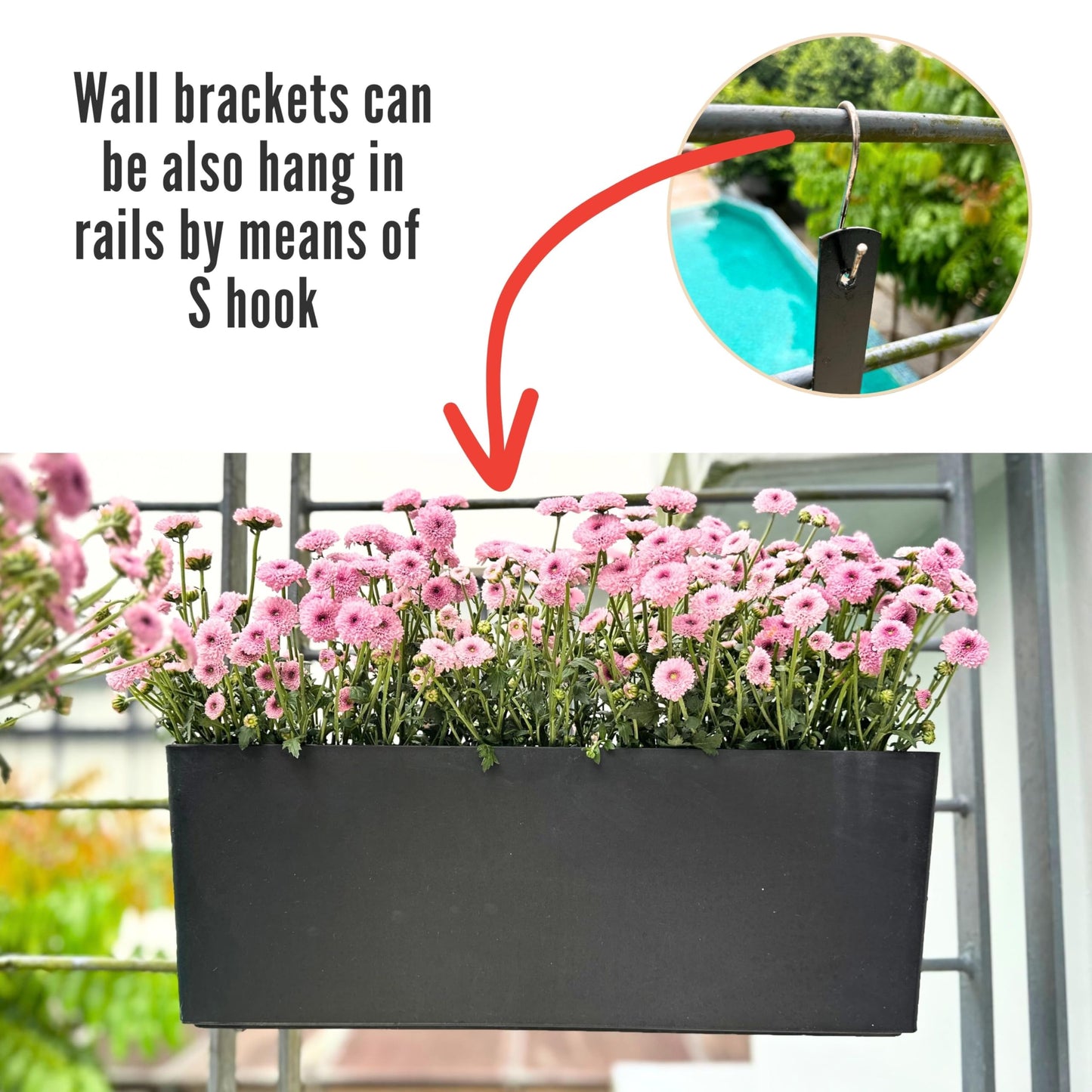 LaLaGreen Wall Hanging Planter Outdoor (4 Pack, 20 Inch) Wall Mounted Self Watering System Window Boxes with Bracket, Black Rectangular Plant Pot Flower Box Container Indoor Modern Herb Kitchen Decor