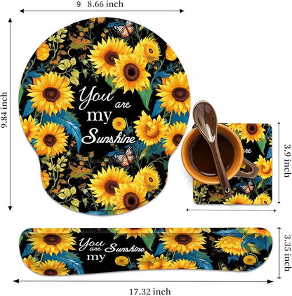 Keyboard Wrist Rest and Mouse Wrist Rest Pad with Cup Coaster,Made of Memory Foam,Ergonomic Support,Easy-Typing and Pain Relief,for Gaming Office Home Computer,You are My Sunshine Sunflower