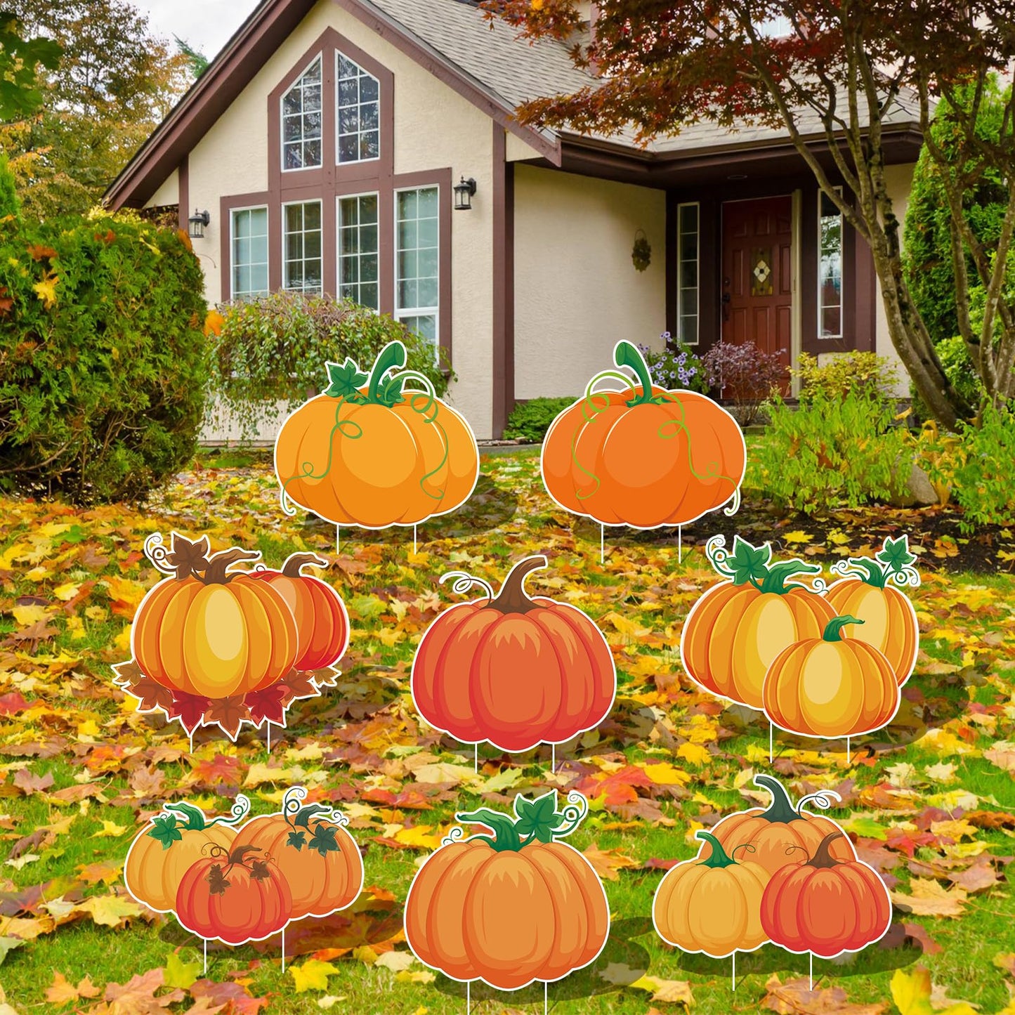 Arosche Fall Yard Signs with Stakes 8pcs Happy Fall Thanksgiving Decorations Outdoor Orange Pumpkins Harvest Garden Wall Porch Signs Seasonal Holiday Party Supplies Lawn Yard Decorations