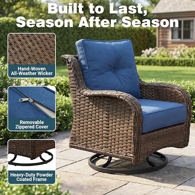 Patio Furniture Set, High Back Rattan Sofa & Swivel Rocker Chairs, Weather