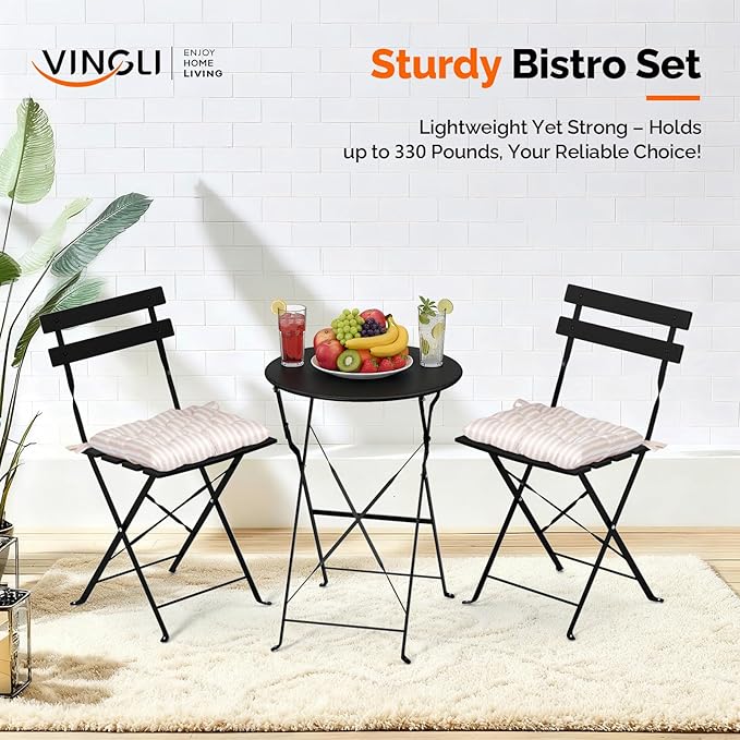 VINGLI Outdoor Folding Bistro Table and Chairs Set of 2, 3-Piece Bistro Set