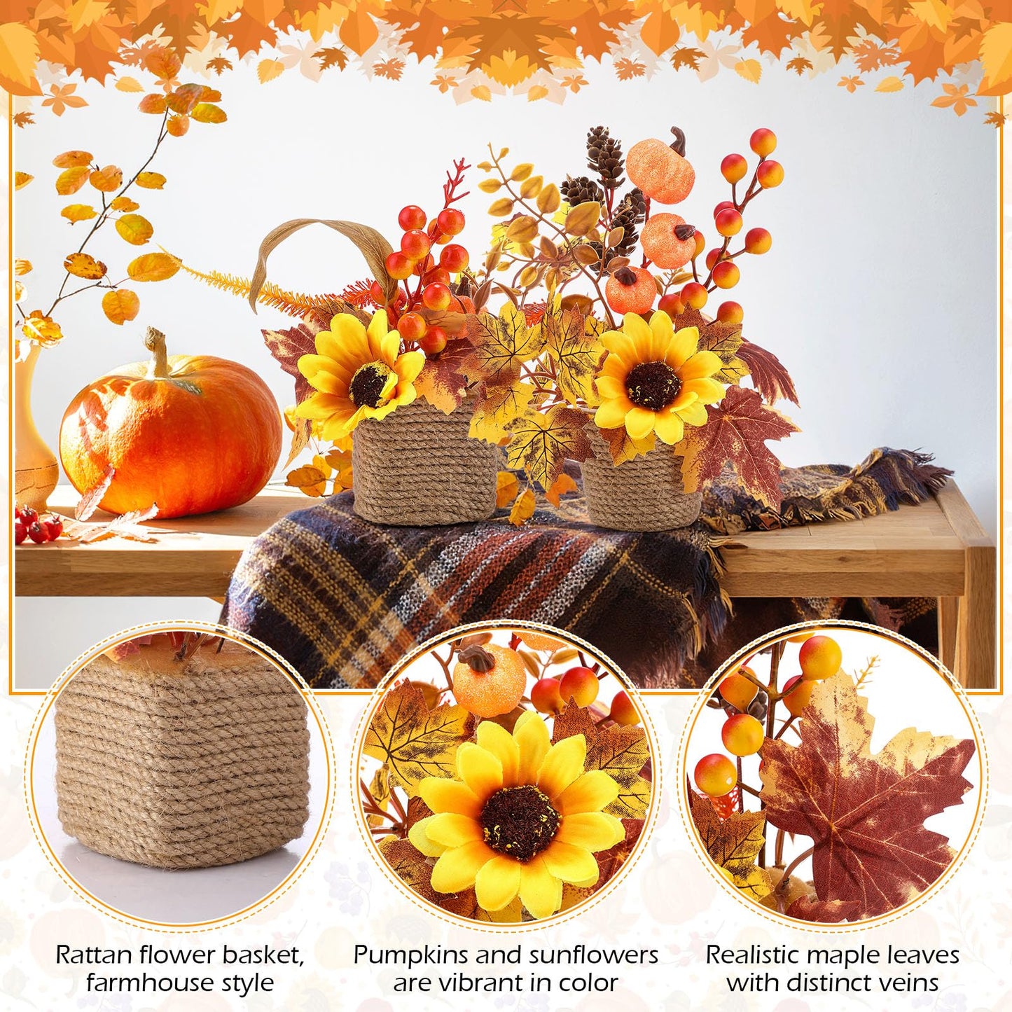 Suncalla 2 Pcs Thanksgiving Fall Table Decorations Centerpiece for Table Maple Leaf Fall Decor for Home Artificial Flower Pumpkin with Rattan Flower Basket for Indoor Thanksgiving Gifts(Vivid Style)