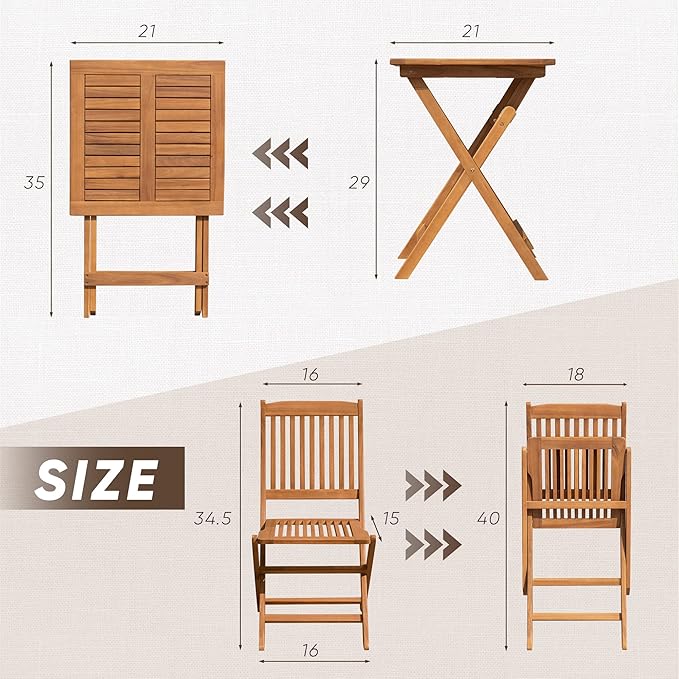 Devoko Outdoor 3 Piece Folding Patio Bistro Set Acacia Wood Bistro Table and