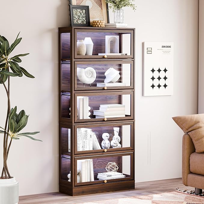 Display Cabinet with Acrylic Glass Doors, 5-Tiers Curio Cabinet with LED