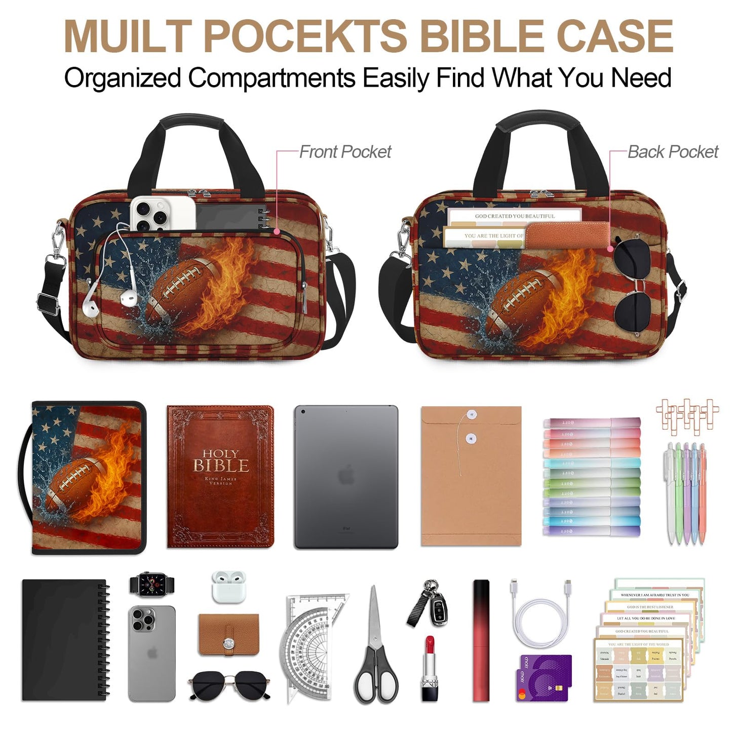 IBOVODI American Flag Football Bible Cover Case for Men Boys, Rugby Large Kids Bible Bag Book Carrying Case with Handle Zipper Pocket, Bible Study Supplies Journaling Kit Highlighters Pens Cross Clips