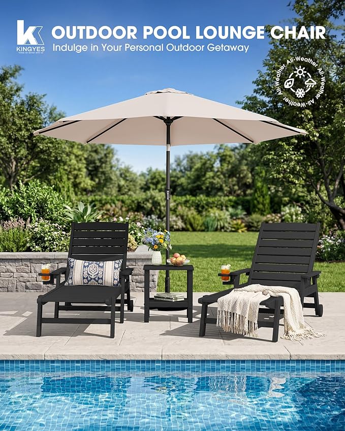 KINGYES HDPE Lounge Chair Outdoor, Patio Chaise Lounge Recliner