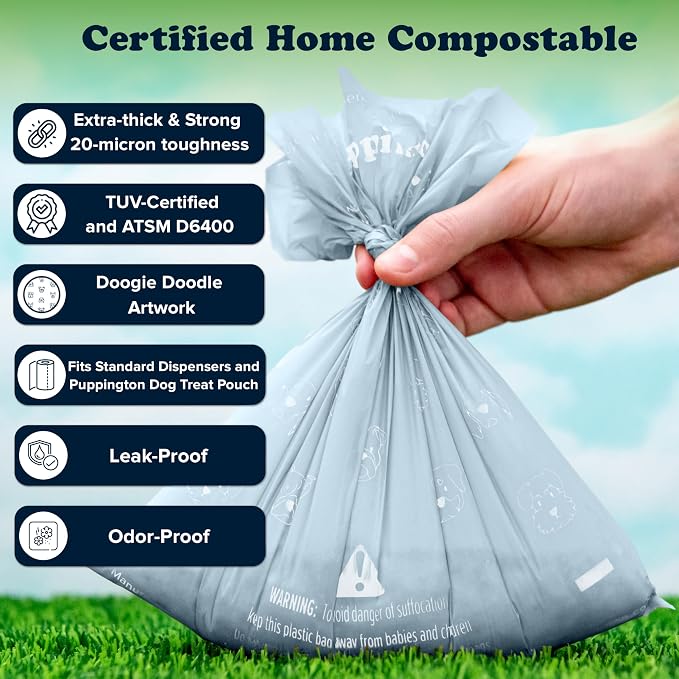 Puppington Certified Home Compostable Poop Bags - ASTM D6400 Compliant - 270 Extra Thick Bags - Plant Based - Pairs with Puppington 3-in-1 Bag & Fits all Standard Poop Bag Dispensers (Ice Blue)