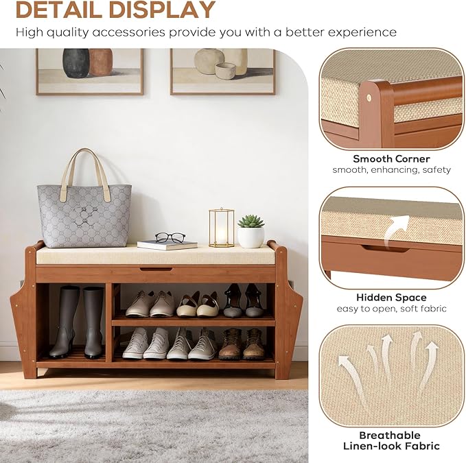 oakvivo 39.4in Shoe Bench with 2 Side Holder, 3 Tier Bamboo Entryway Bench with