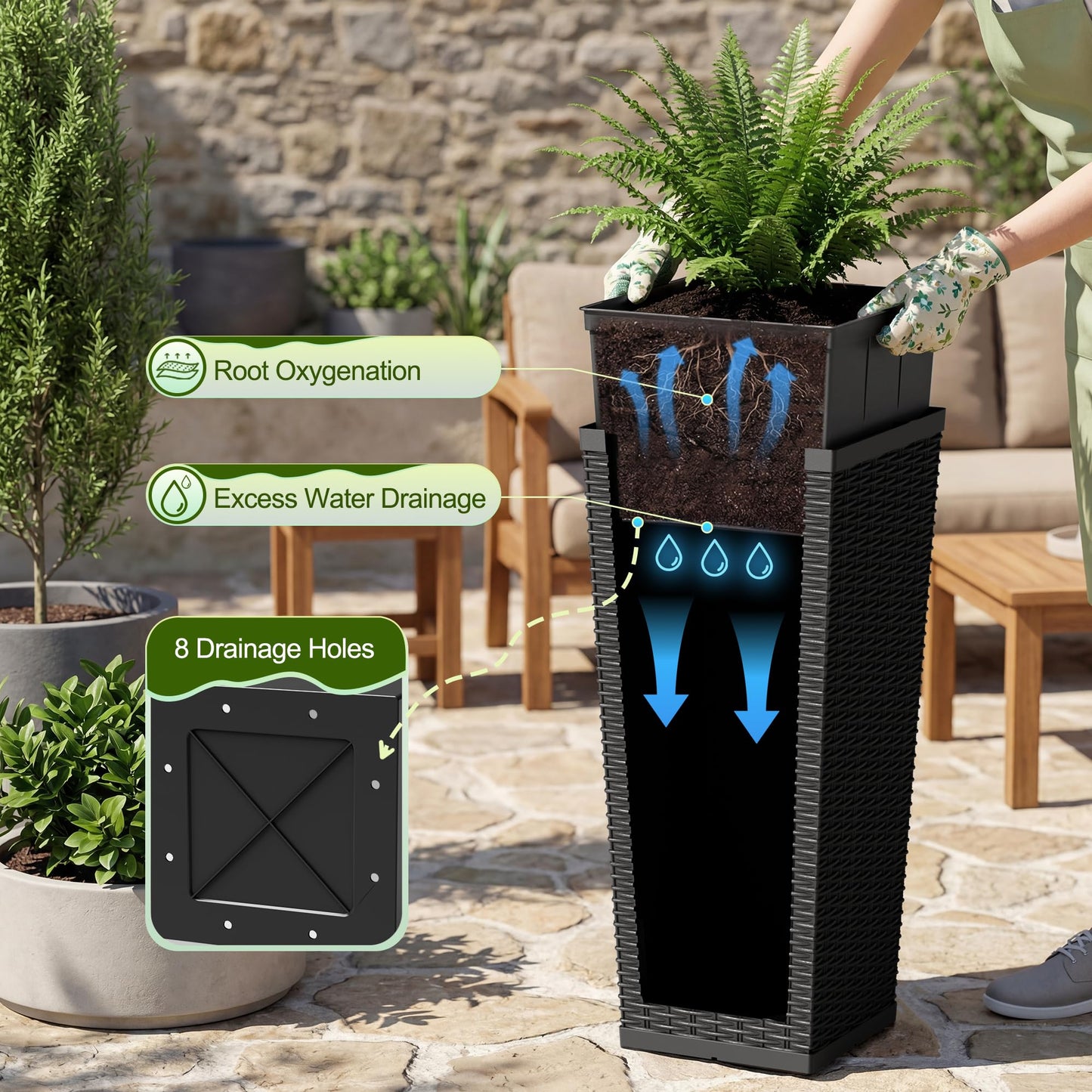 Devoko Resin Tall Planters for Outdoor Plants Set of 2, Large Widened Taper Planter Pots with 8 Drainage Holes, Flower Pots Modern Decor for Porch, Patio, Garden (Black, 24'' Without Trays)