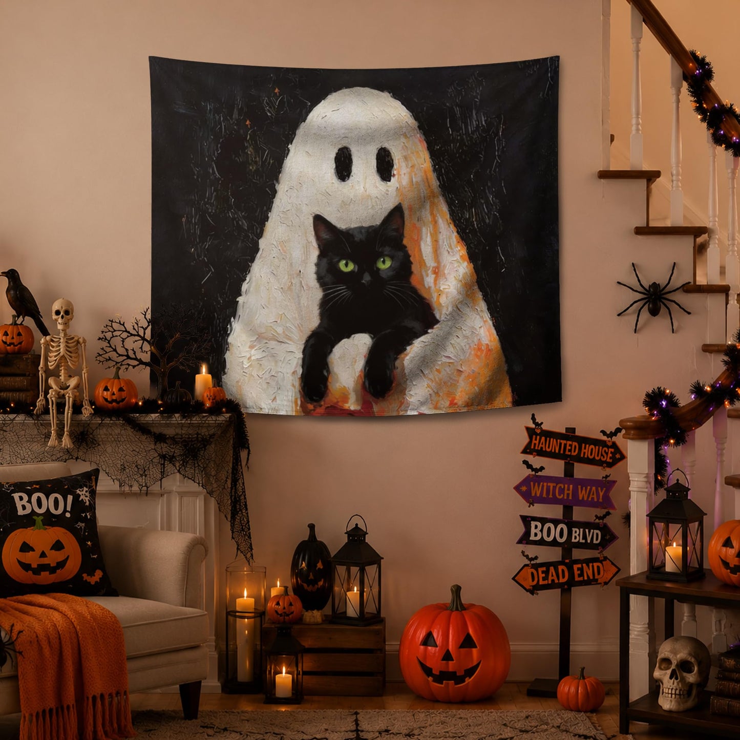 YTRG Spook Ghost Black Cat Tapestry, Halloween Tapestries Wall Hanging for Bedroom, Cat Ghost Tapestry Wall Decor Backdrop for Living Room Home, Black Cats Gifts for Women Girls Men, 50x60 Inch