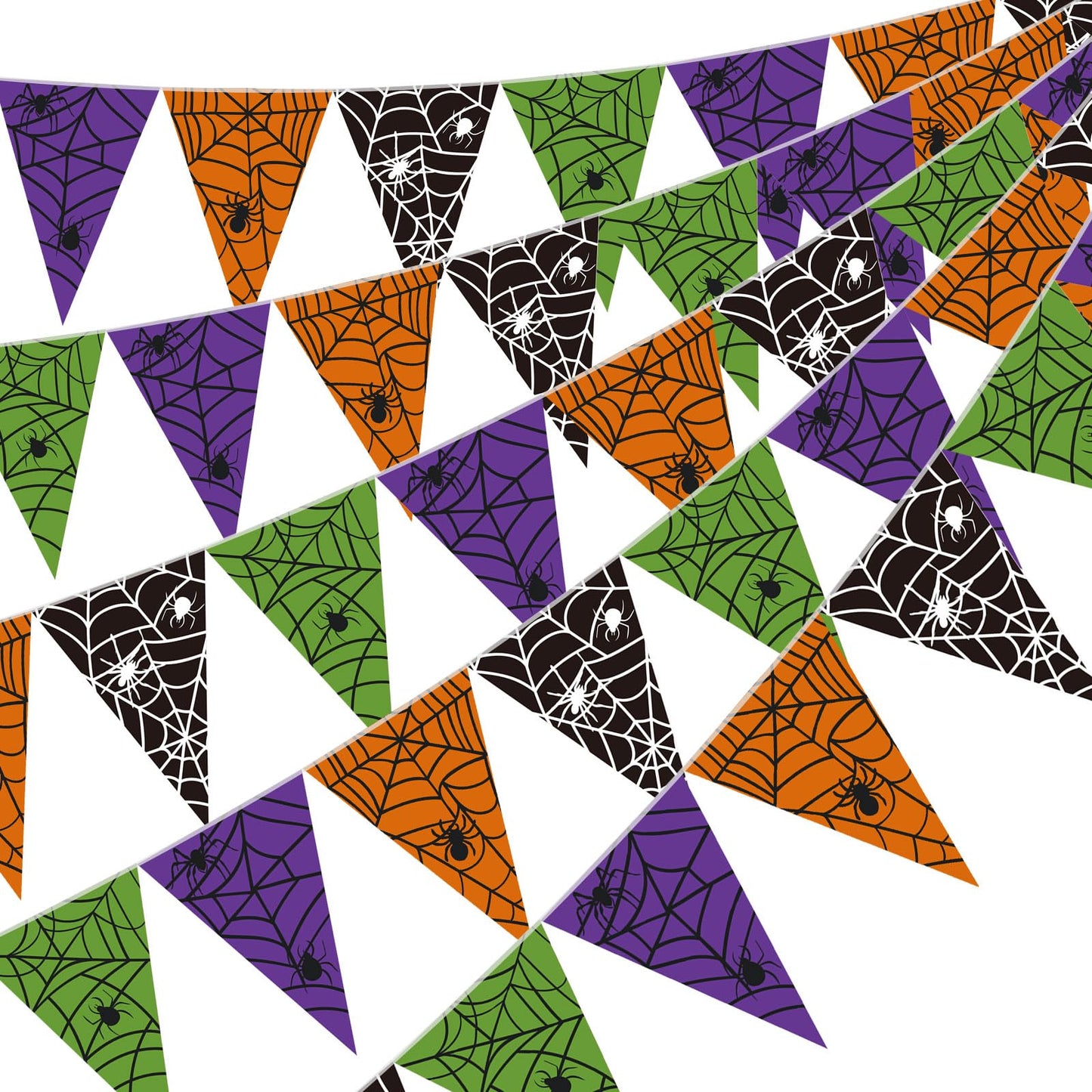 Jetec 5 Pieces 49 Feet Halloween Spider Web Pennant Banner Decorations Black Purple Orange and Green Spooky Spiderweb Triangle Flags Bunting Banners for Halloween Party Decor Indoor Outdoor Supplies