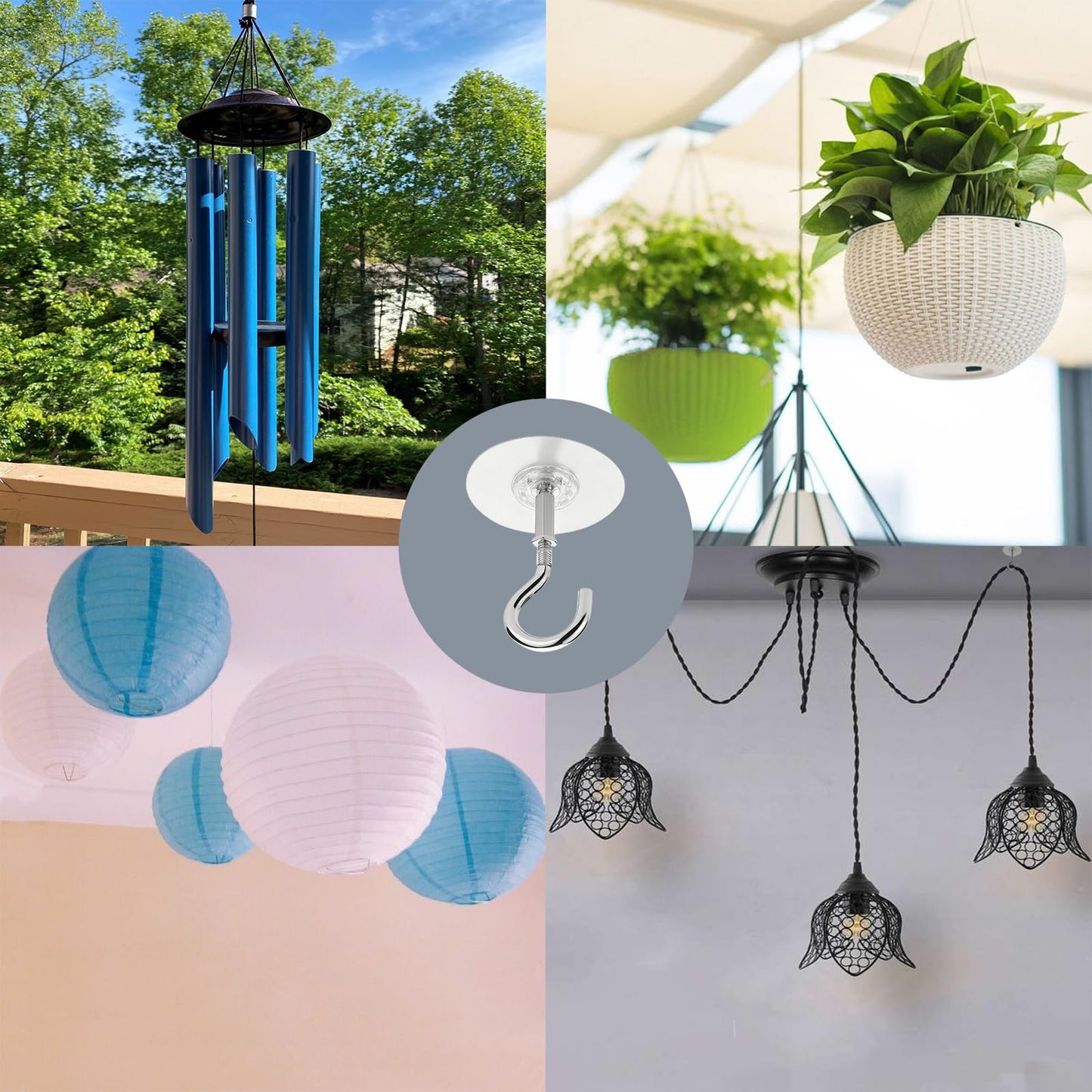 Adhesive Ceiling Hooks 4 Pack, 30lbs Super Heavy Duty Self-Sticking Hangers for Hanging Plants, Lights, Wind Chimes, Lanterns – 8cm Round No Drill Pad, Stainless Steel, Peel & Stick for Smooth
